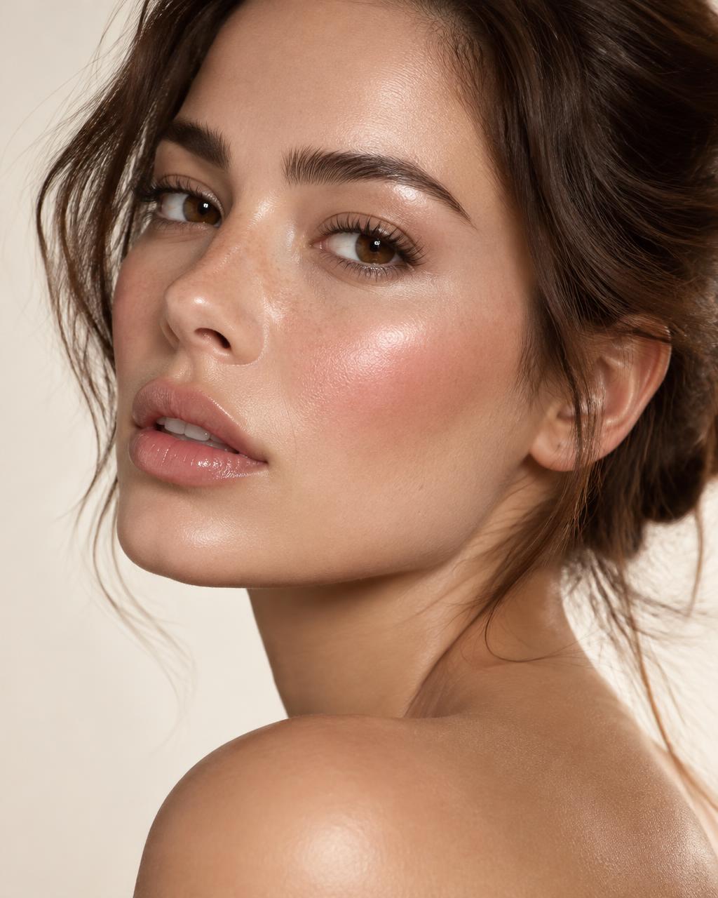 Model wearing cream blush and highlighter